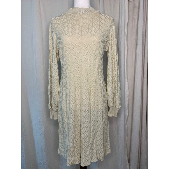 1970s Cream Beige Eyelet Lace Textured Disco GoGo Mock Neck Sweater Dress L - Picture 1 of 4